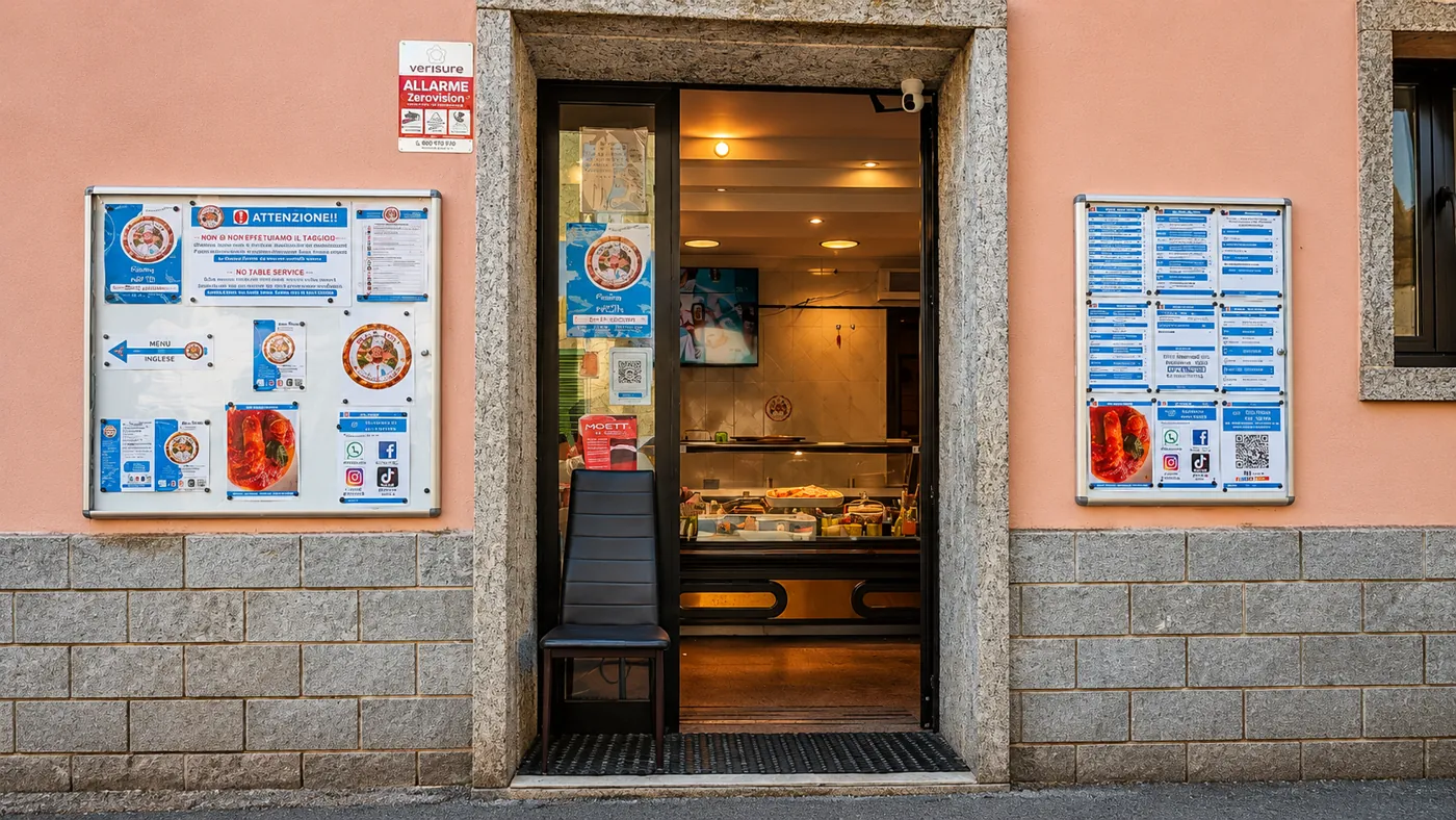 L'ingresso del locale con la vetrina dei prodotti del locale