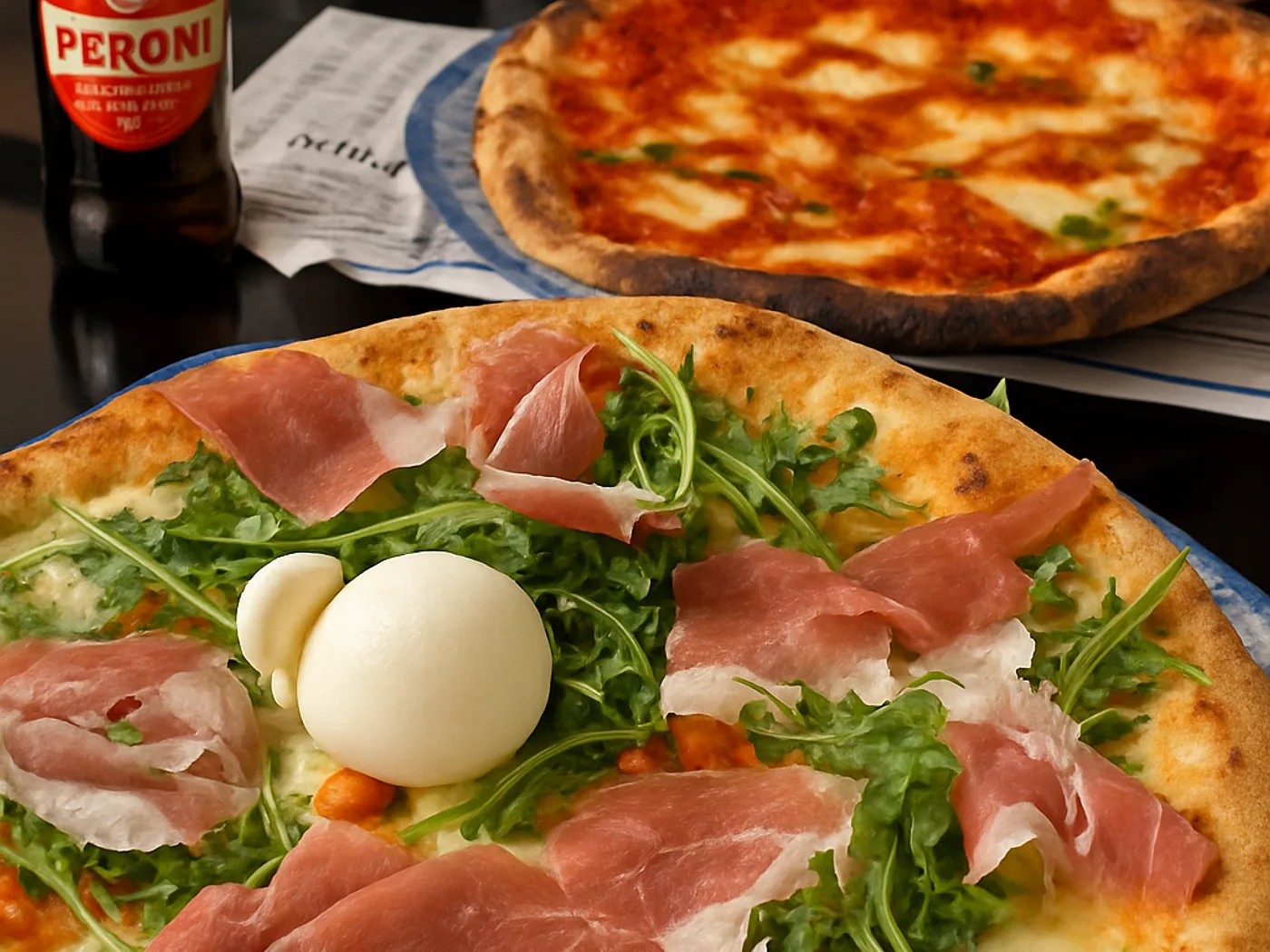 Pizza con prosciutto crudo, rucola e burrata, con una Margherita e una birra Peroni sullo sfondo