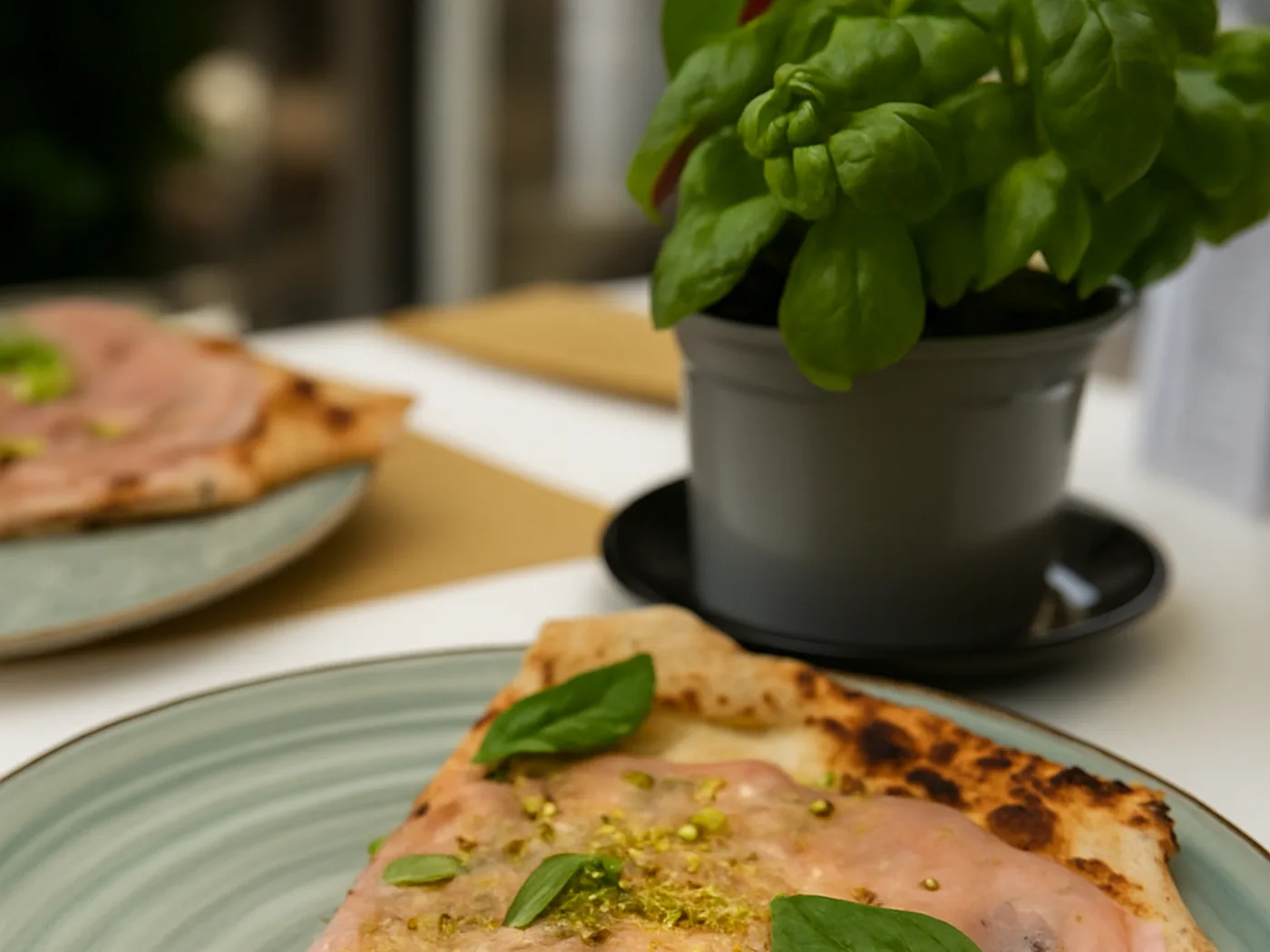 Pizza al prosciutto cotto e pistacchio servita al tavolo, con una pianta di basilico