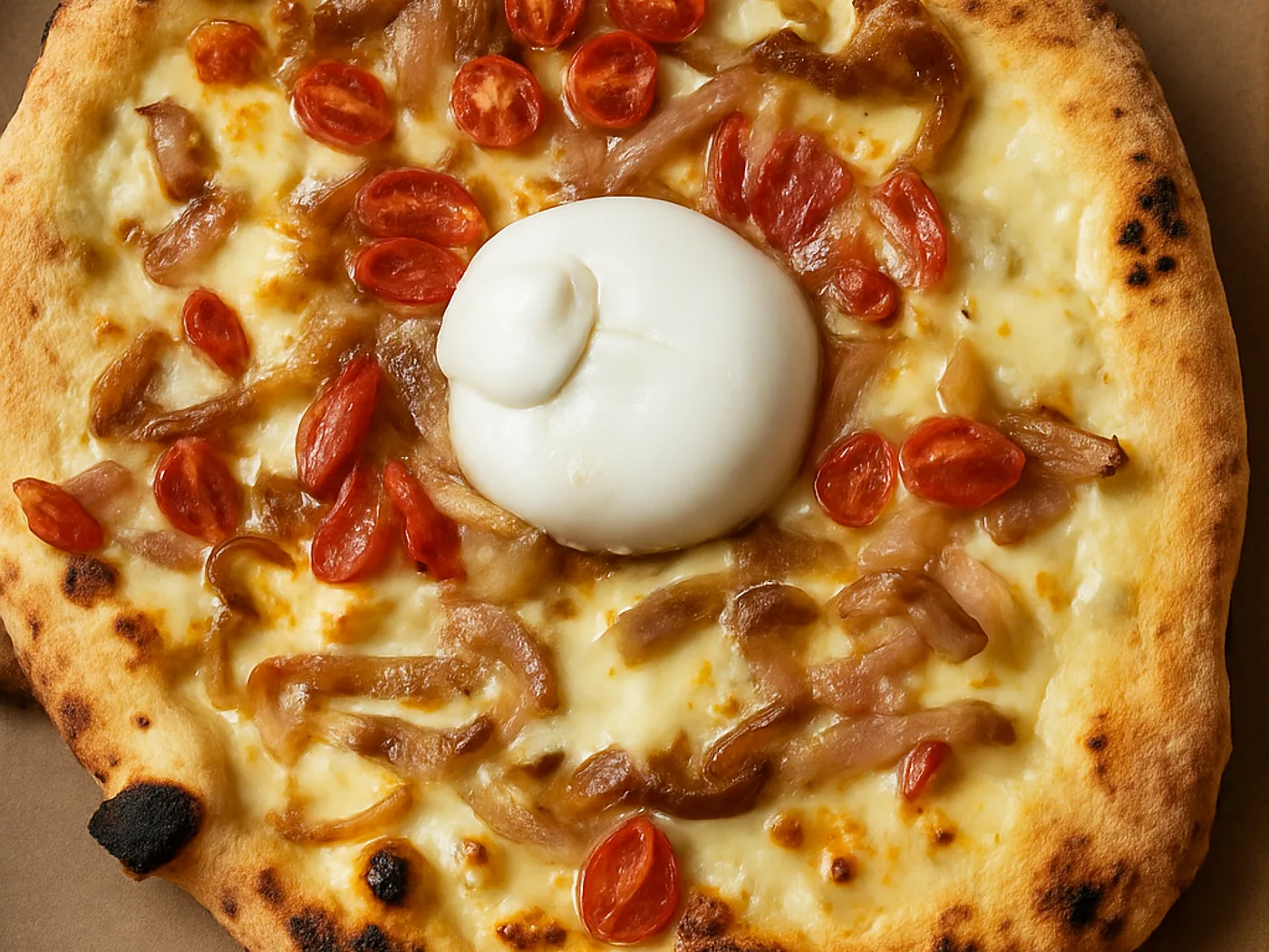 Pizza bianca con burrata, pomodorini e cipolla caramellata, vista dall'alto