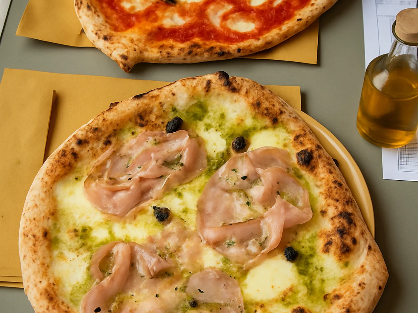 Due pizze napoletane al tavolo, con una bottiglia di olio