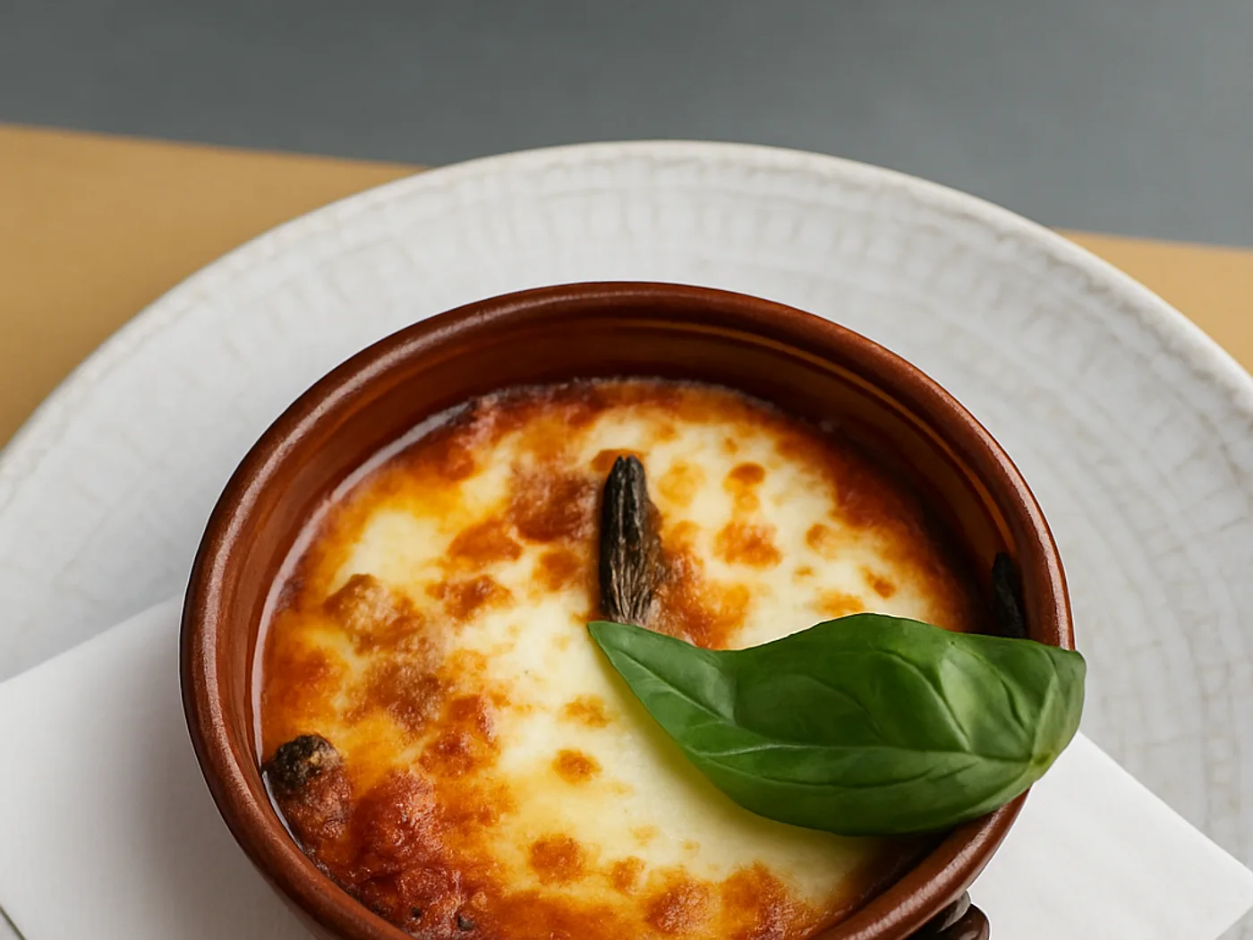 Parmigiana servita in cocotte di terracotta con basilico fresco